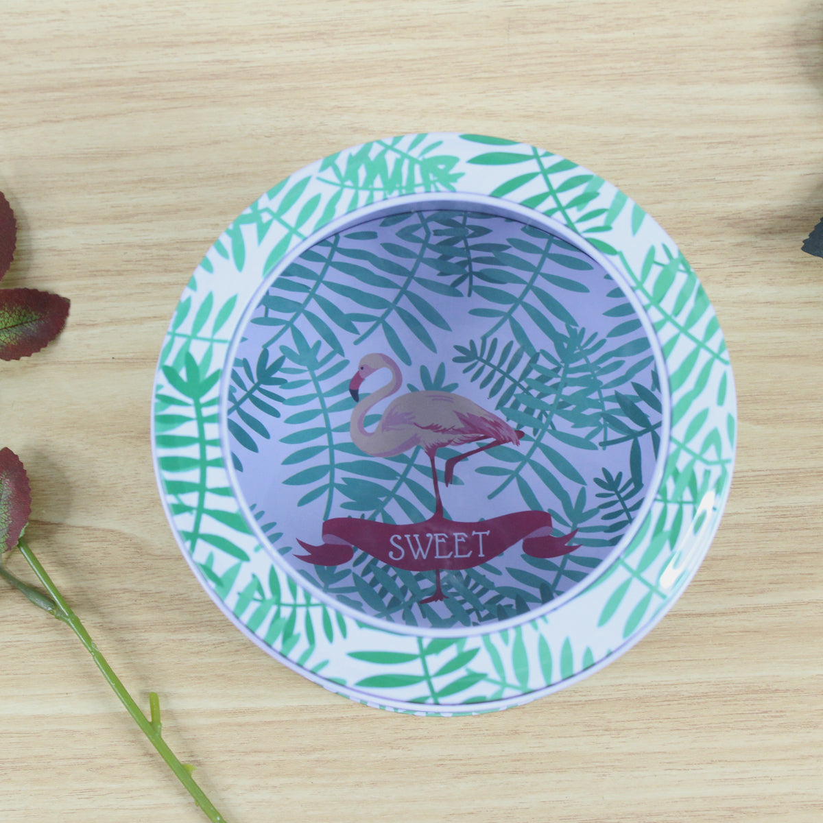 Our Green Window Green leave and flamingo print storage container