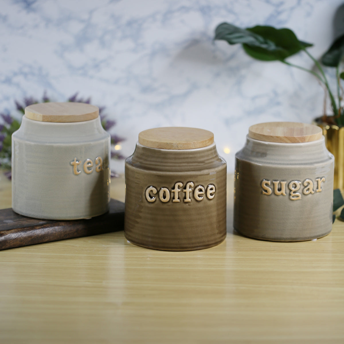 Our Green Window Imported Ceramic Tea,sugar and coffee container with rubber tight wooden Lid (Set of 3)