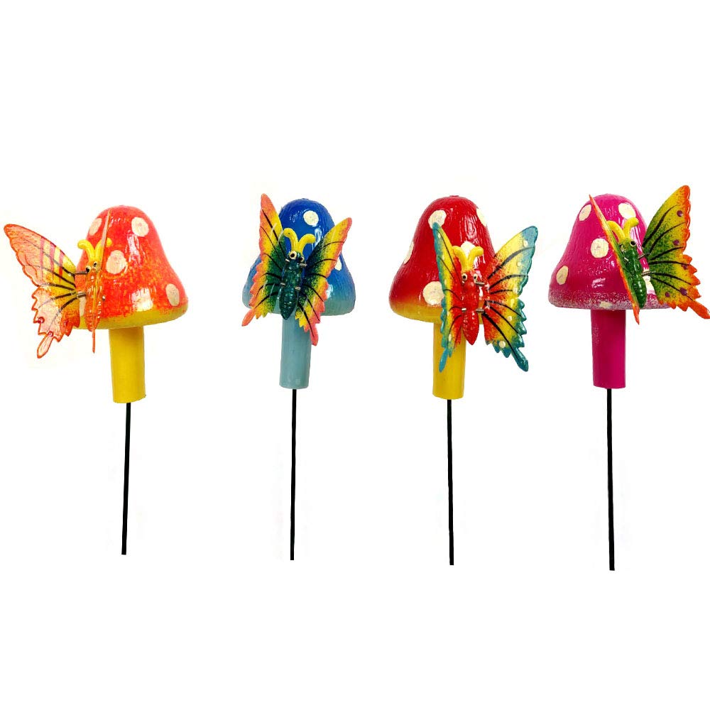 Our Green Window (Set of 4) Butterfly on Mushroom Stake/Stick for Garden Decoration