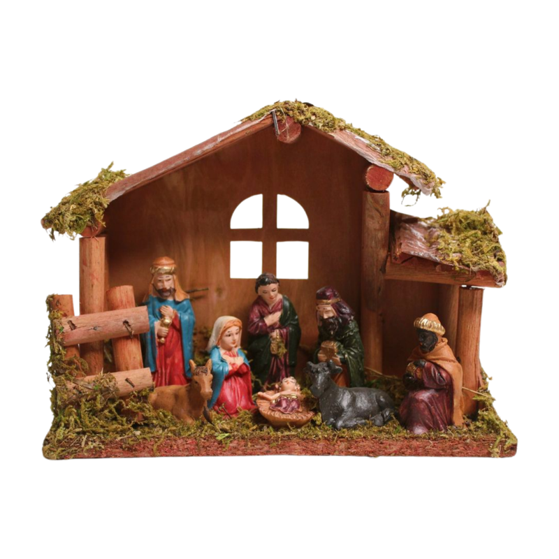Our Green Window Wooden hut stable Christmas crib nativity, resin, decoration