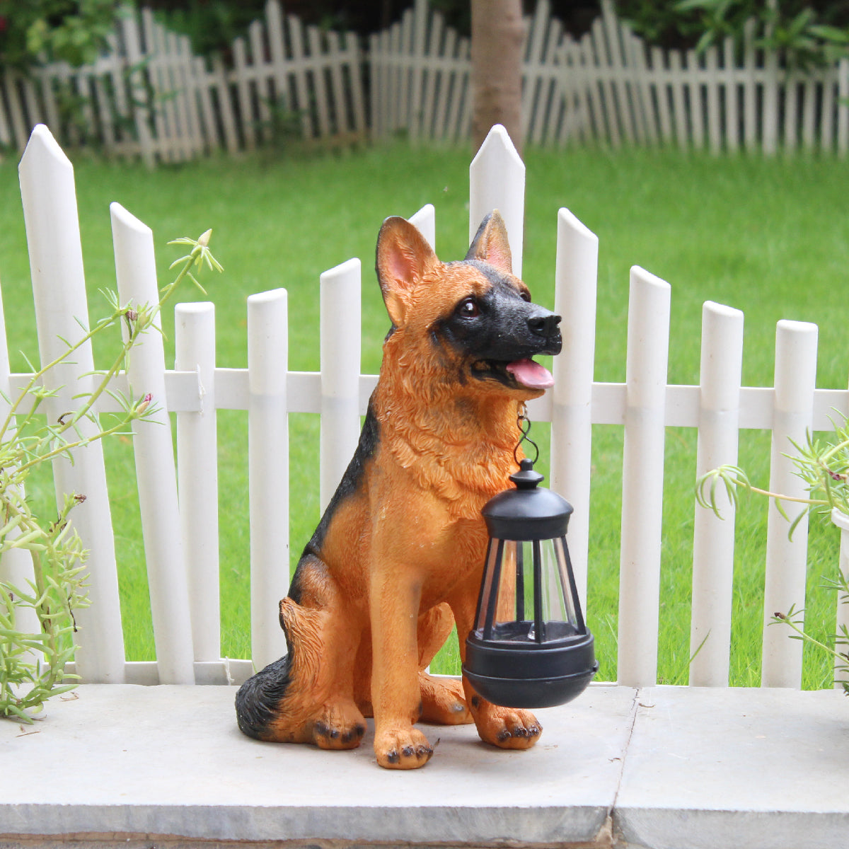 Wonderland German Shephard Statue with solar lantern| resin dog statue |  Decorative dog for garden