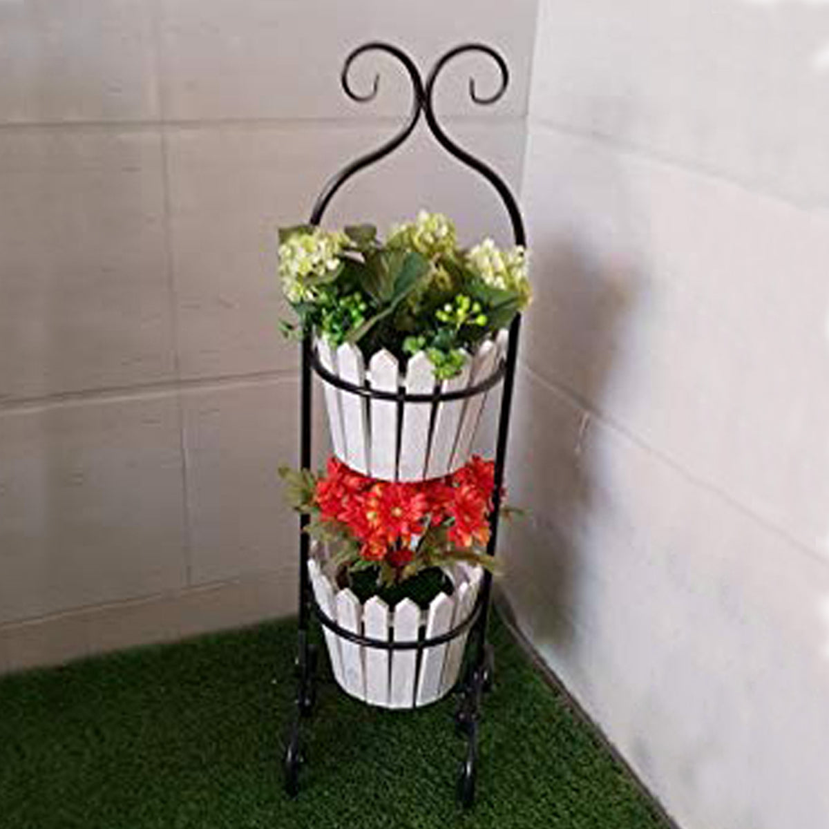 Metal and Wooden Plant Stand with 2 Pot for Home Decoration