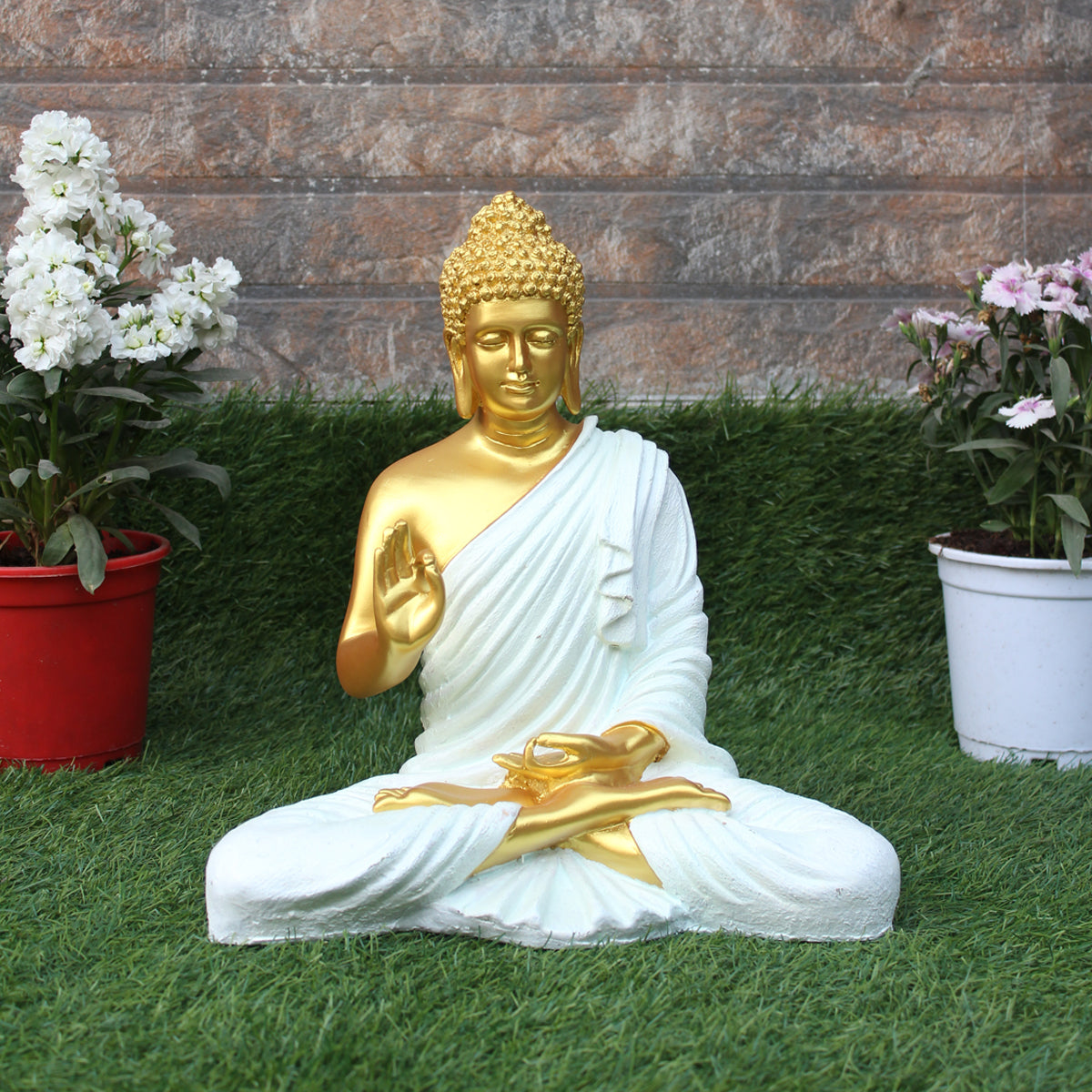 Wonderland Resin 14 '' Buddha (Golden Body & White)  (Aashirwad)