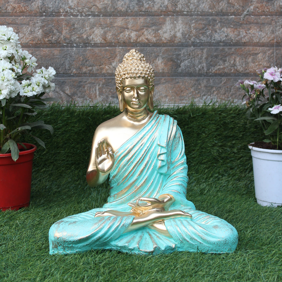 Wonderland Resin 14 '' Buddha (Golden Body & Seagreen)  (Aashirwad)