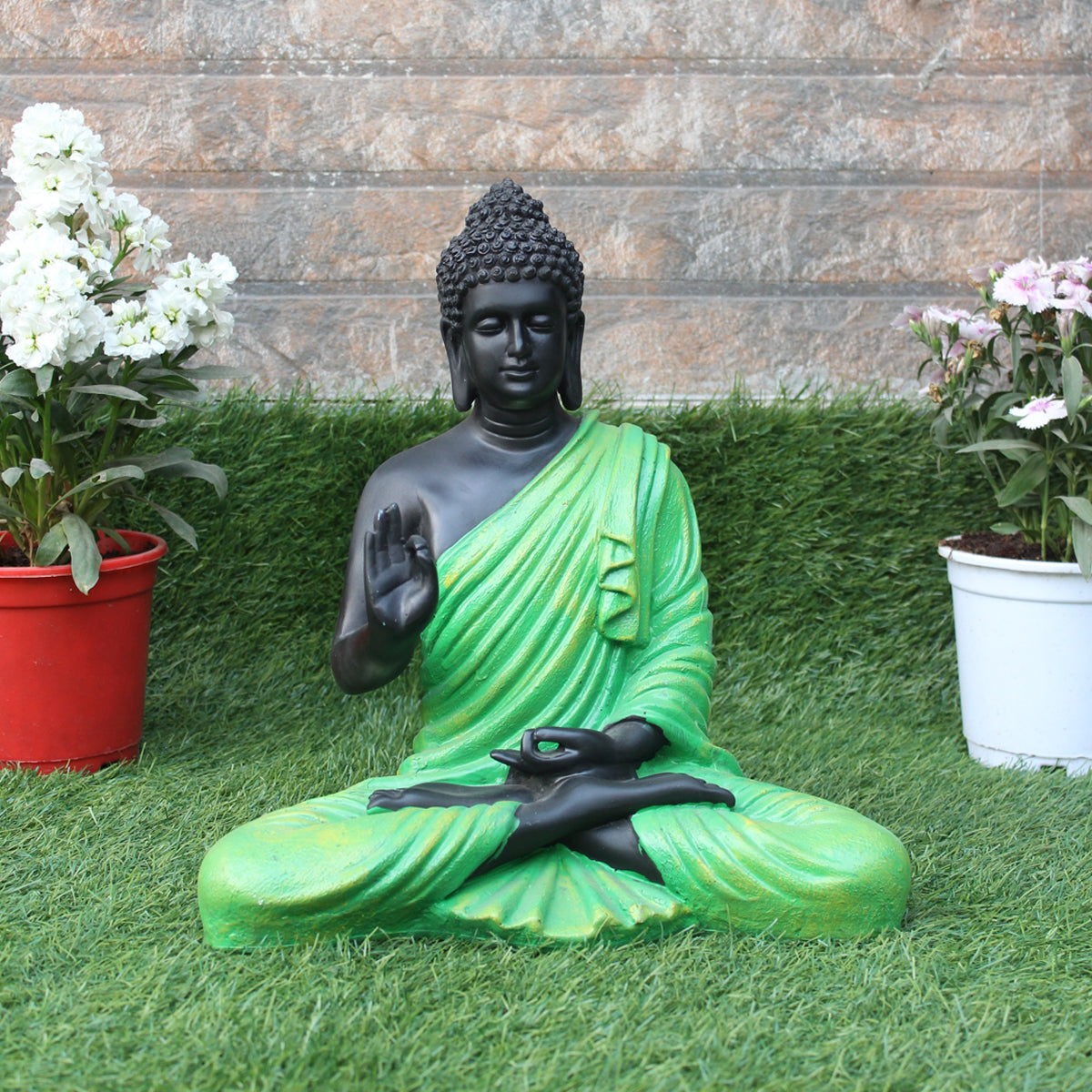 Wonderland Resin 14'' Green Buddha with Black Body (Aashirwad)