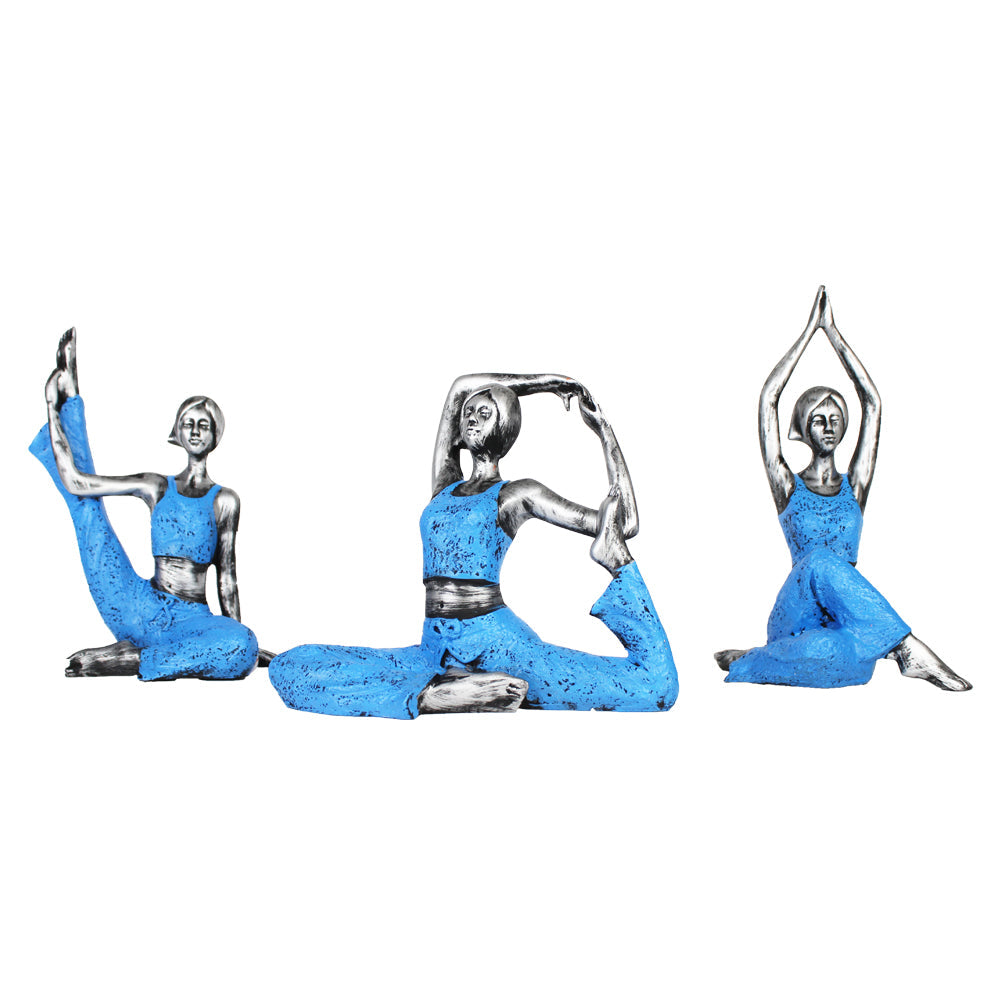 (Set of 3) Big Blue and Silver Yoga Girl Statue