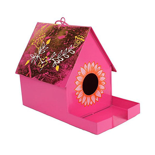 Hanging Bird House with Feeder for Garden Decoration (Pink)