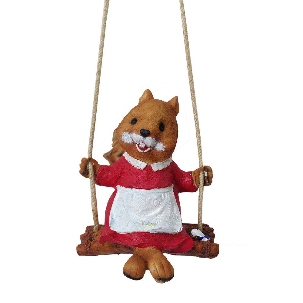 Swinging Girl Squirrel Statue to Hand for Garden Decoration