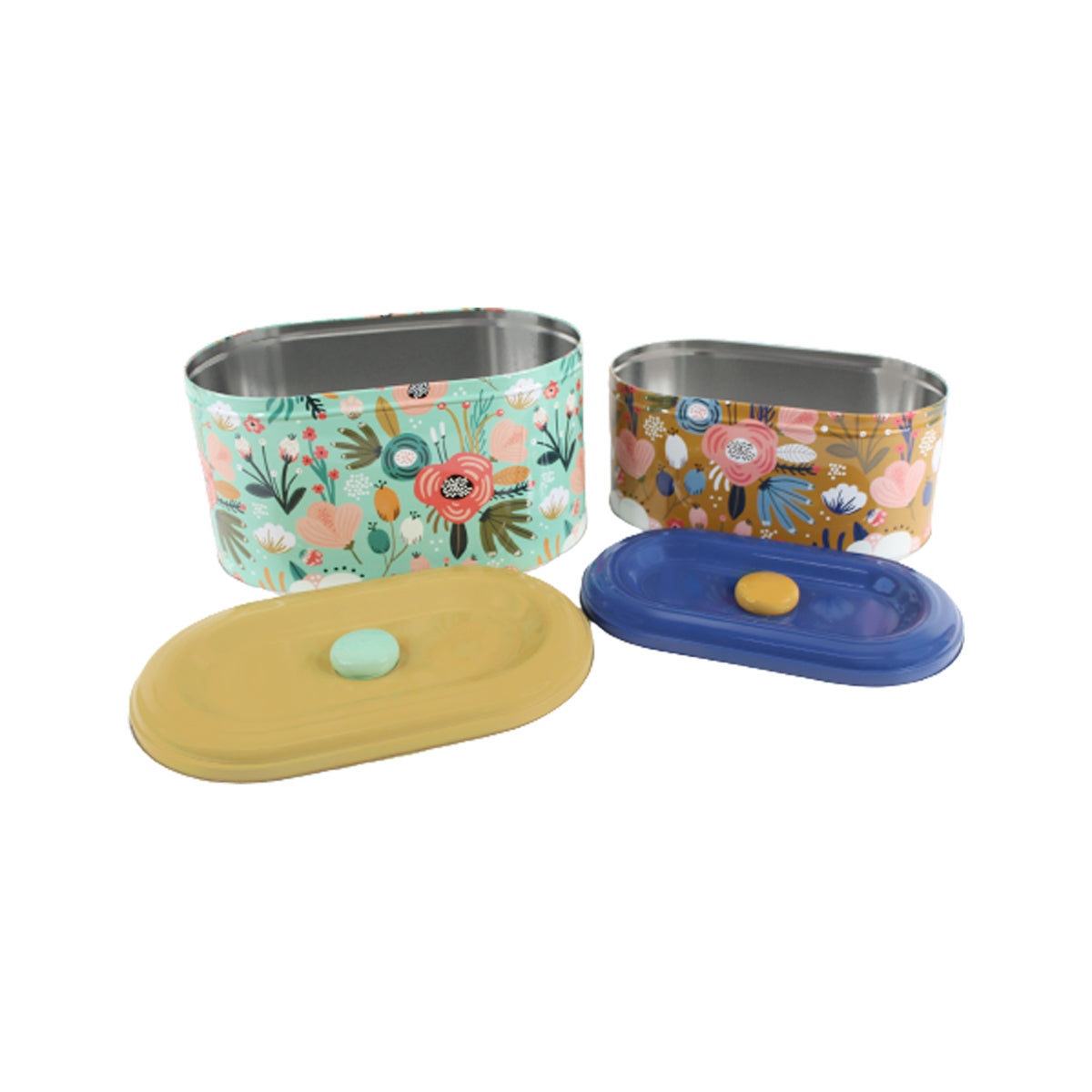 (Set of 2) Floral print oval Storage Containers