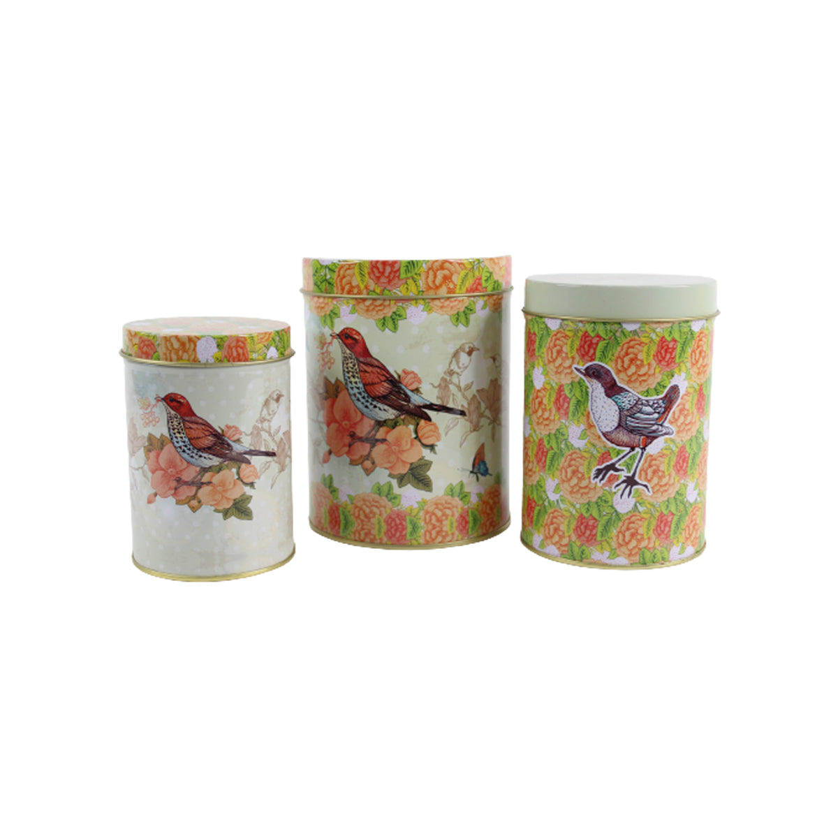 Our Green Window (Set of 3) Metal orange floral with birds storage Containers