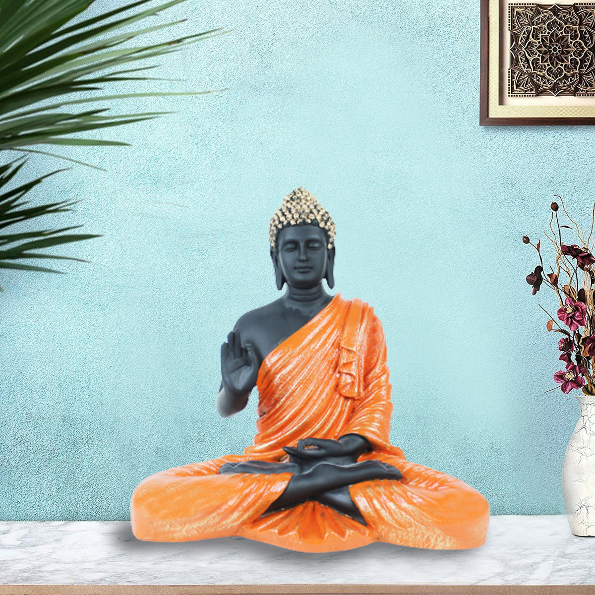 14 inches Buddha Statue for Home Decoration (Orange & Black)