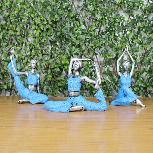 (Set of 3) Big Blue and Silver Yoga Girl Statue