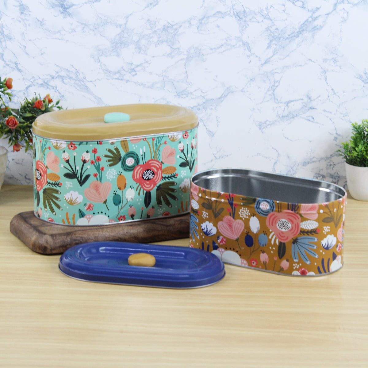 (Set of 2) Floral print oval Storage Containers