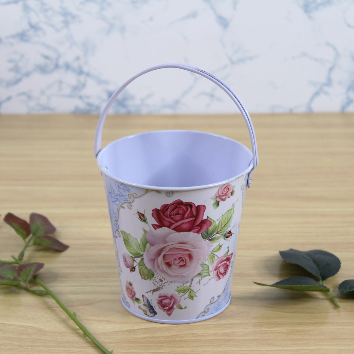 (Set of 2) Flower print bucket with handle