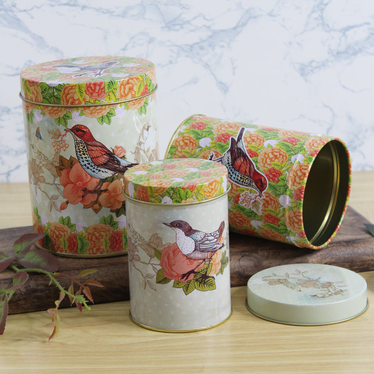 Our Green Window (Set of 3) Metal orange floral with birds storage Containers