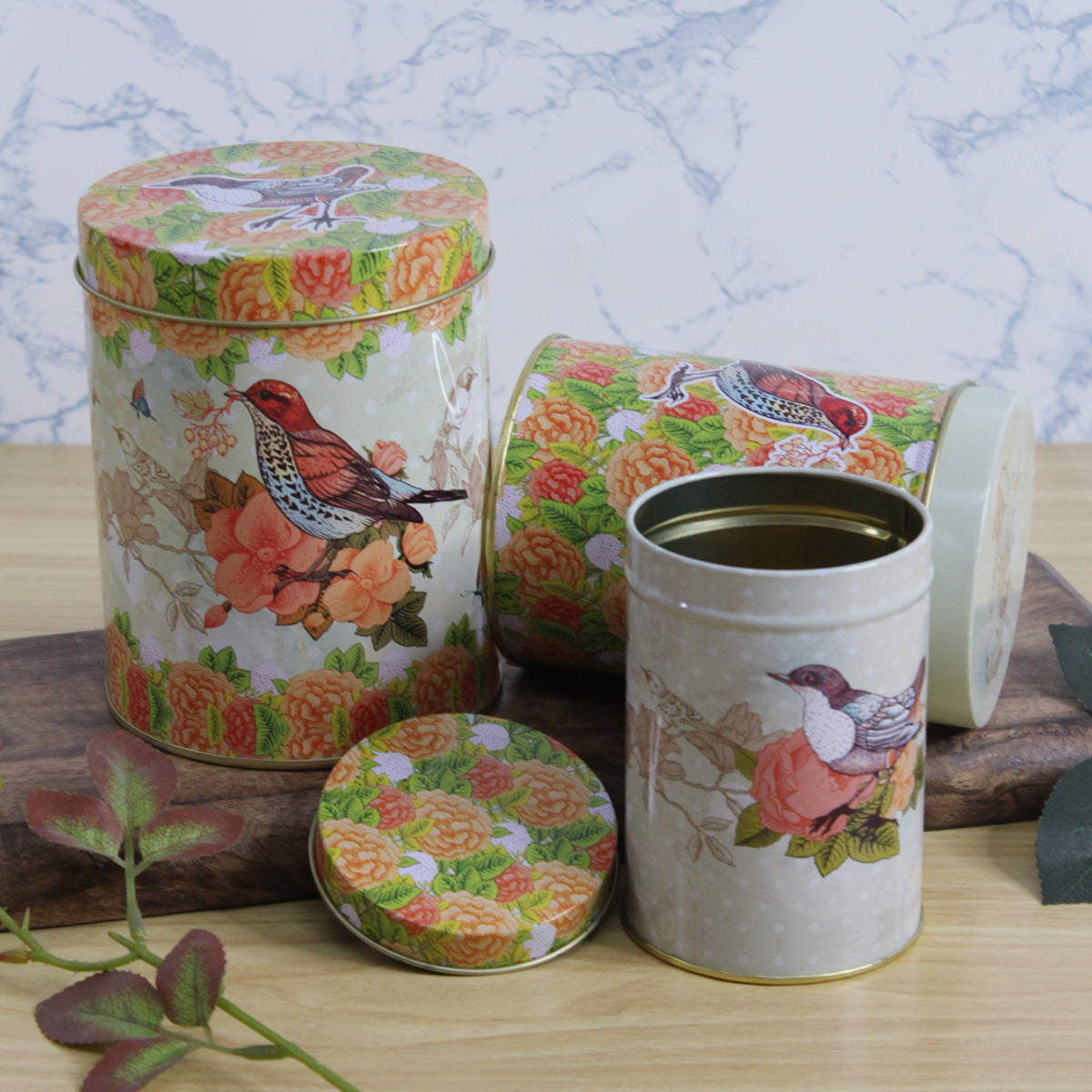 Our Green Window (Set of 3) Metal orange floral with birds storage Containers