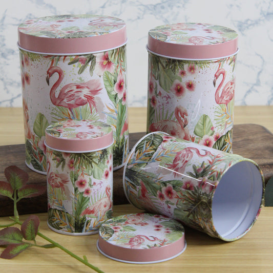 (Set of 4) Metal Pink Flamingo Storage containers