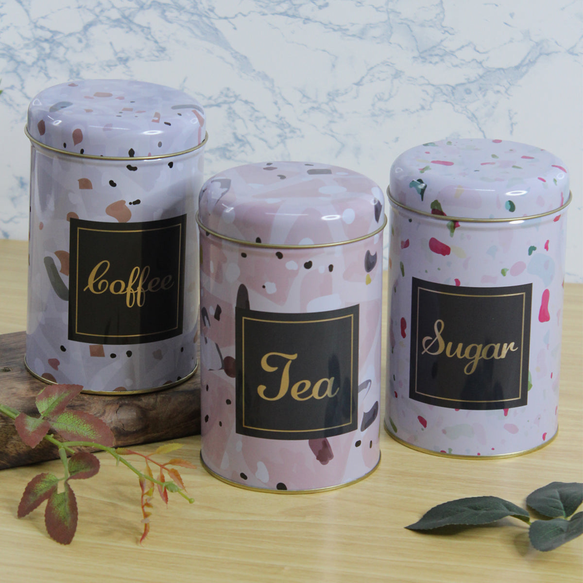 (Set of 3) Floral print Tea, coffee and sugar storage container