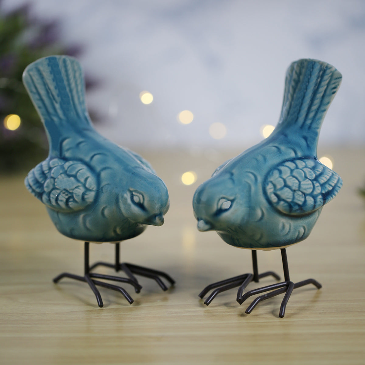 Wonderland Imported Off Sea green Ceramic Bird with legs (Set of 2)