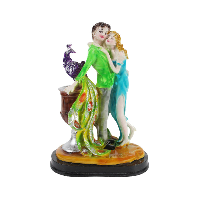 Wonderland Romantic Love Couple Statue Showpiece for Valentine Day, Standing Couple Sculpture Gift for Home Decor, Table Top, Couple. (Green & Sky Yelllow )