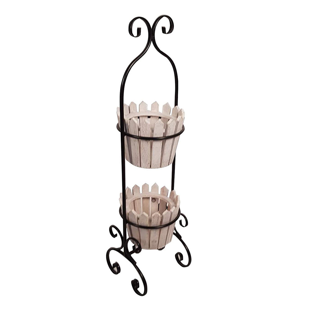 Metal and Wooden Plant Stand with 2 Pot for Home Decoration