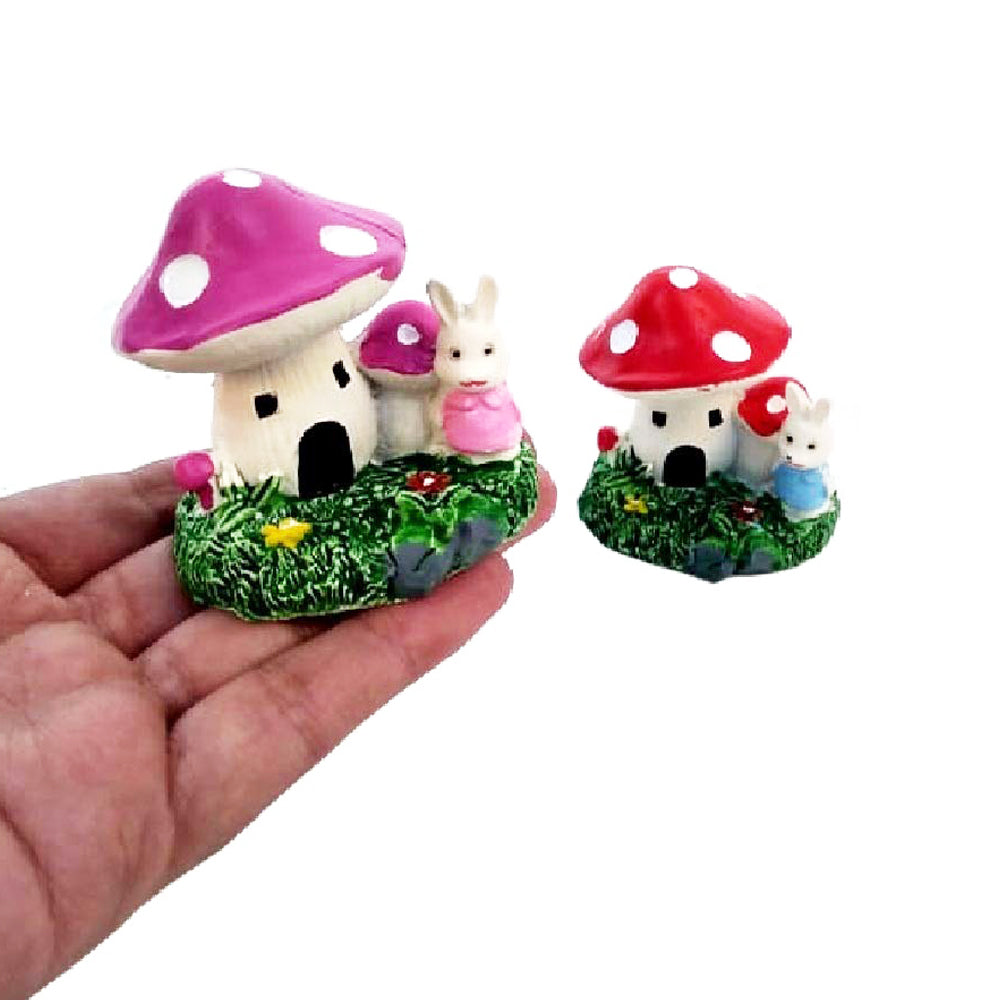 Wonderland SET of 2 Bunny in Mushroom House Miniature Statue | Material Resin | Height 2.7 Inches each | Miniature Garden toys, doll house, DIY craft, bonsia decor, planter decoration