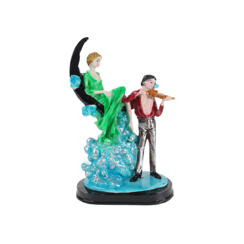 Wonderland Resin Romantic Couple Sitting On Moon Statue Showpiece (Green & Marron )