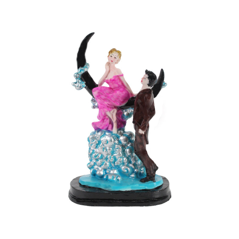 Wonderland Resin Romantic Couple Sitting On Moon Statue Showpiece (Pink & Maroon )