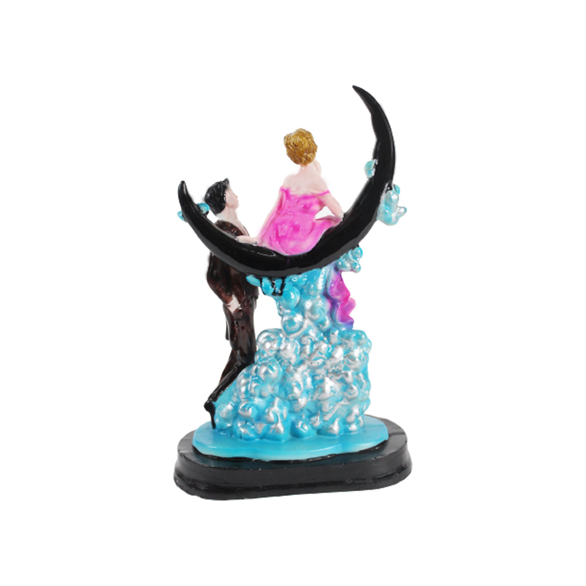 Wonderland Resin Romantic Couple Sitting On Moon Statue Showpiece (Pink & Maroon )