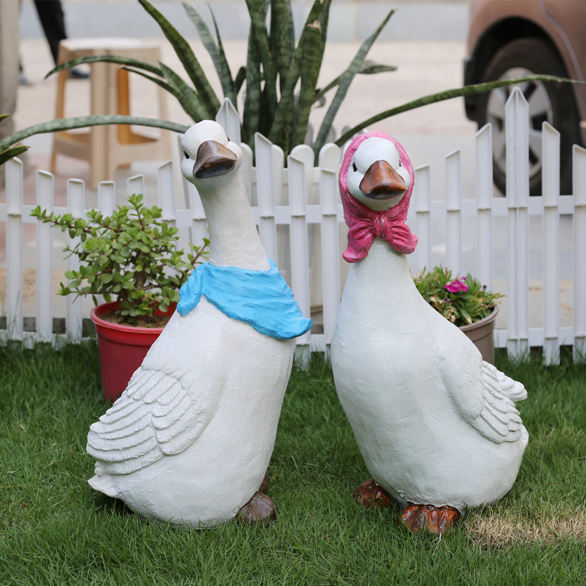 (Set of 2) Ducks/Geese with Blue & Red Scarf Statue