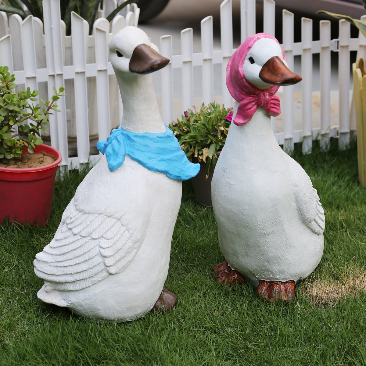 (Set of 2) Ducks/Geese with Blue & Red Scarf Statue