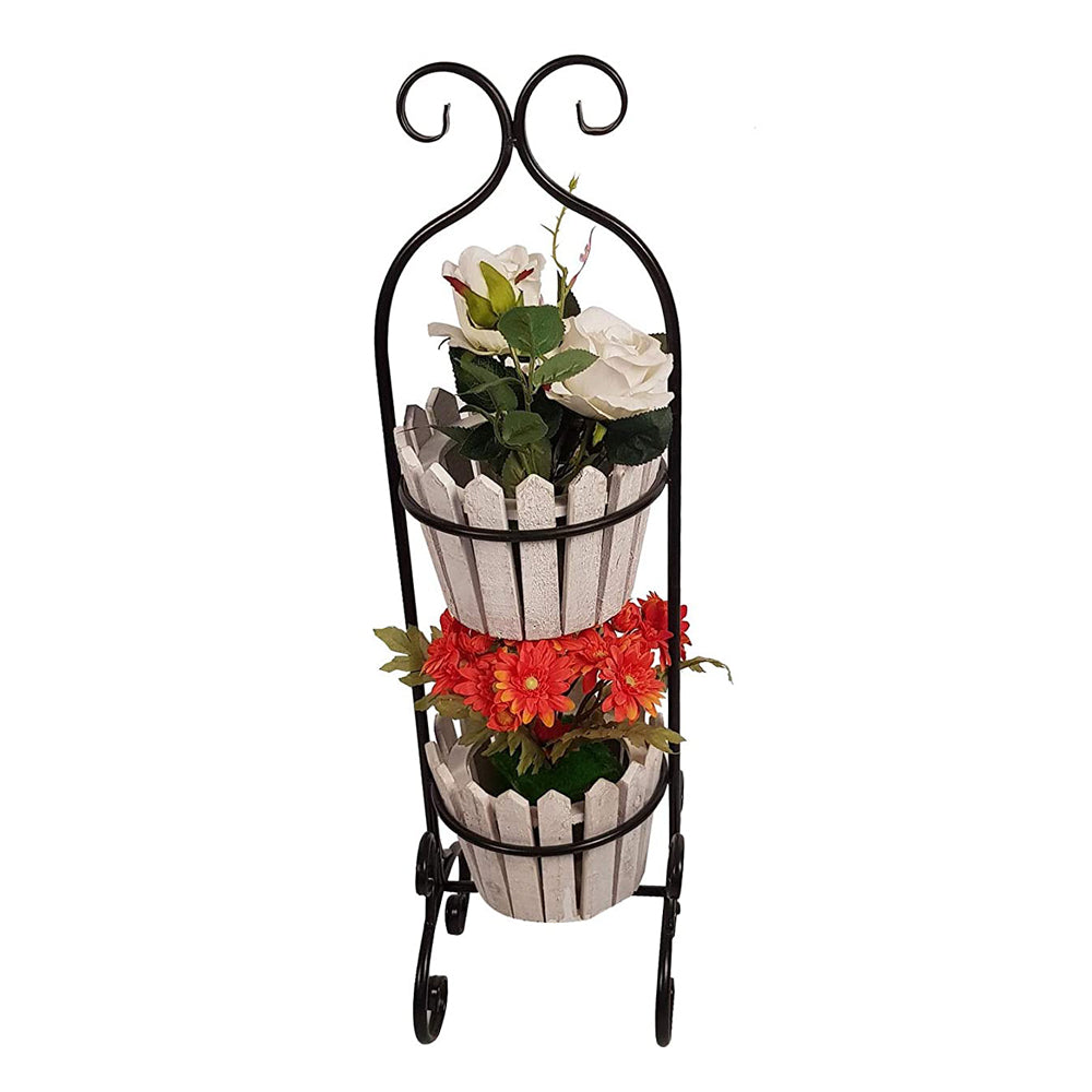 Metal and Wooden Plant Stand with 2 Pot for Home Decoration