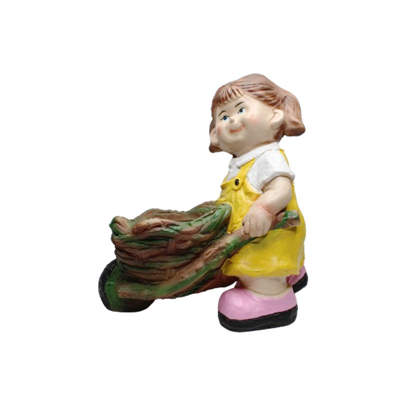 Wonderland Girl Pushing Trolley with Pot for Garden, Balcony or Outdoor Decor (Yellow)