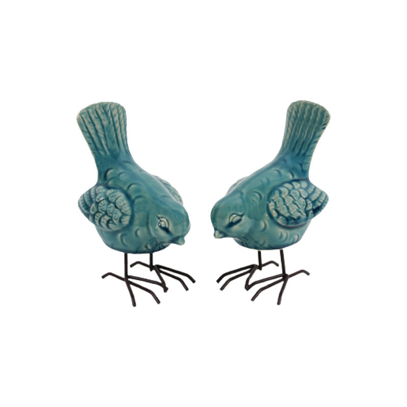 Wonderland Imported Off Sea green Ceramic Bird with legs (Set of 2)