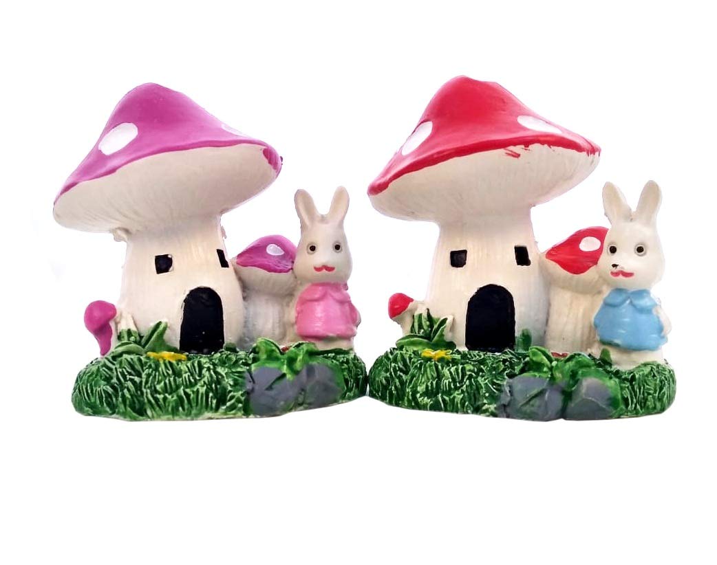 Wonderland SET of 2 Bunny in Mushroom House Miniature Statue | Material Resin | Height 2.7 Inches each | Miniature Garden toys, doll house, DIY craft, bonsia decor, planter decoration