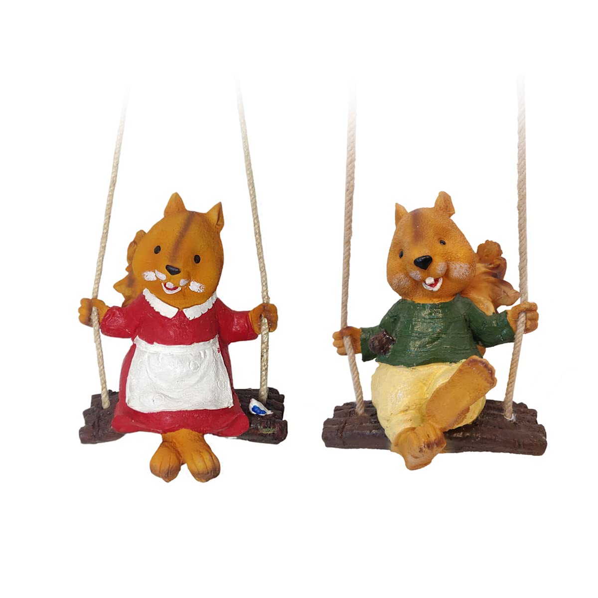 Set of 2 Hanging Squirrel Boy and Girl Swinging Statue for Garden Decoration (Brown)