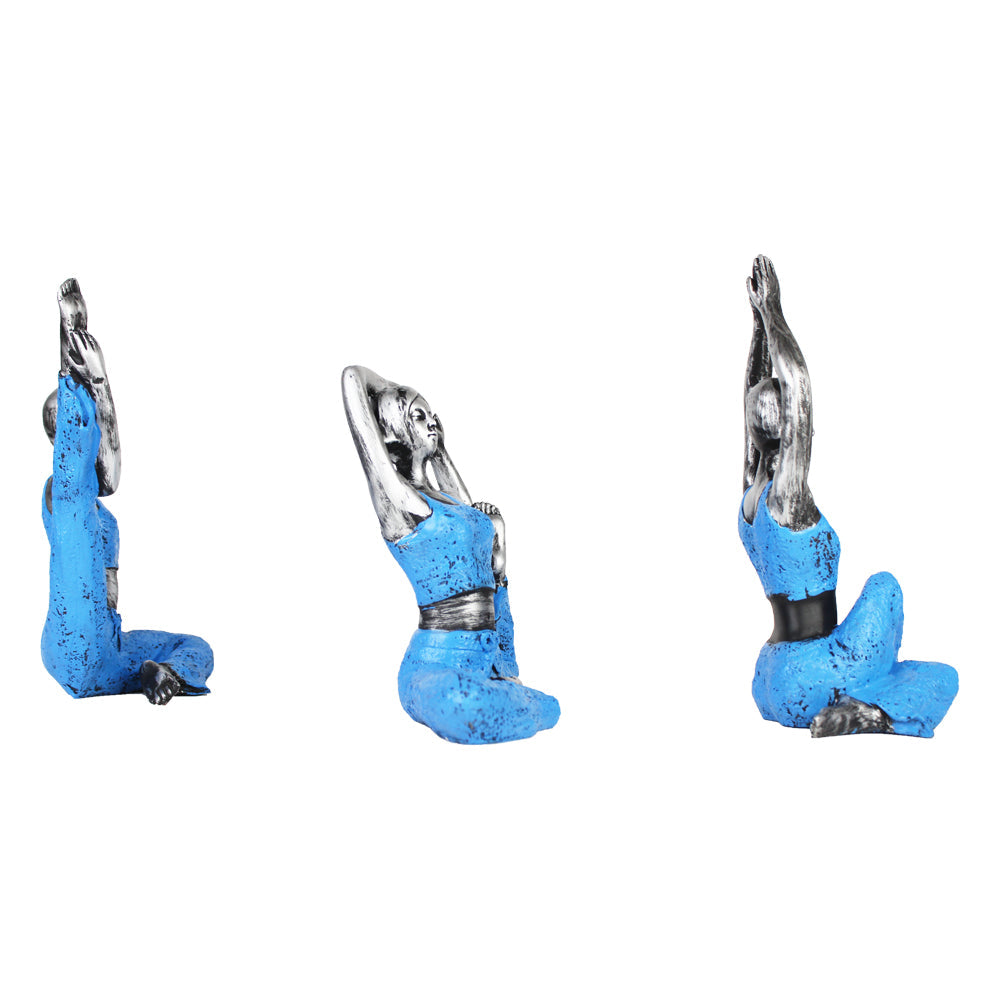 (Set of 3) Big Blue and Silver Yoga Girl Statue