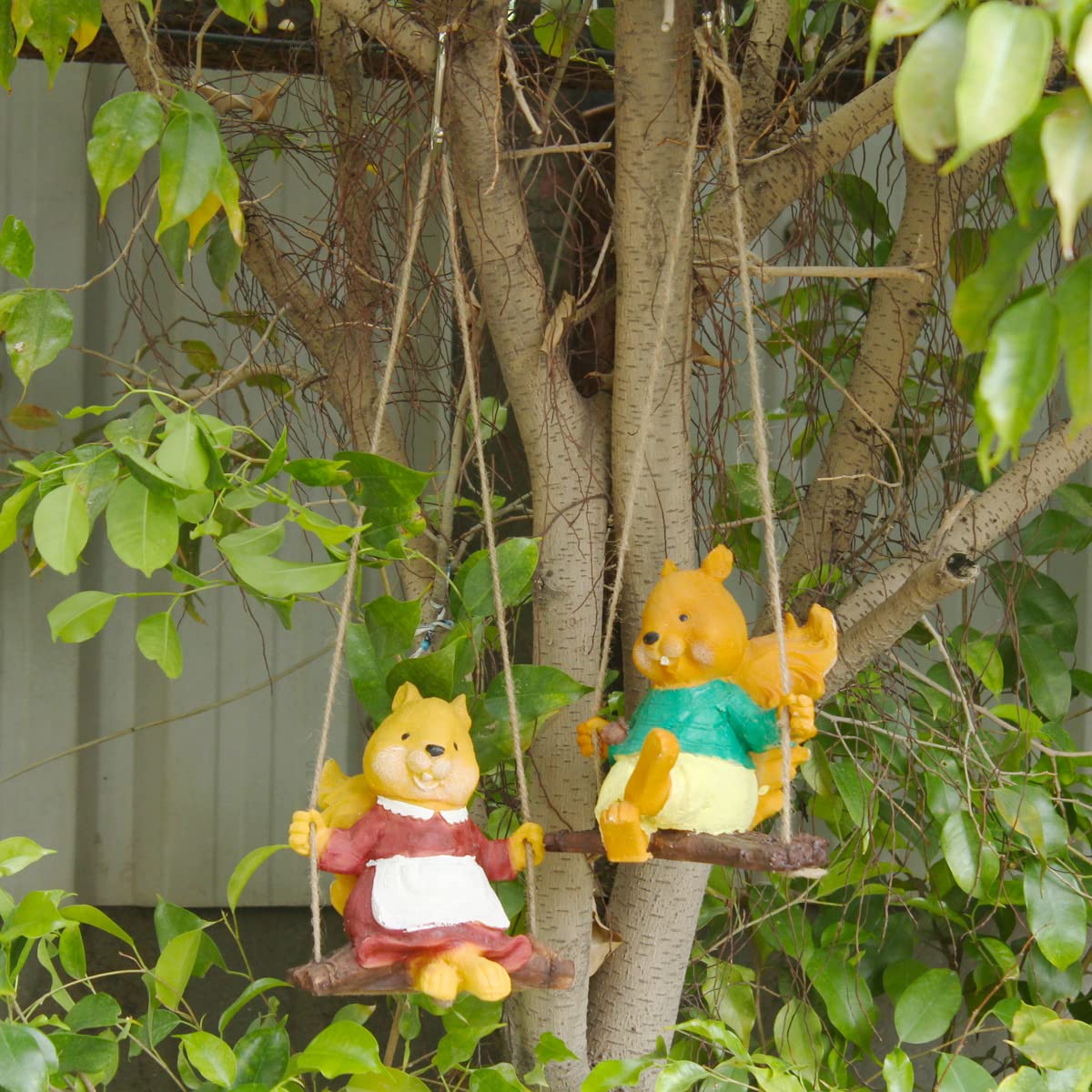 Set of 2 Hanging Squirrel Boy and Girl Swinging Statue for Garden Decoration (Brown)