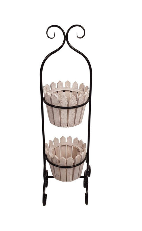 Metal and Wooden Plant Stand with 2 Pot for Home Decoration