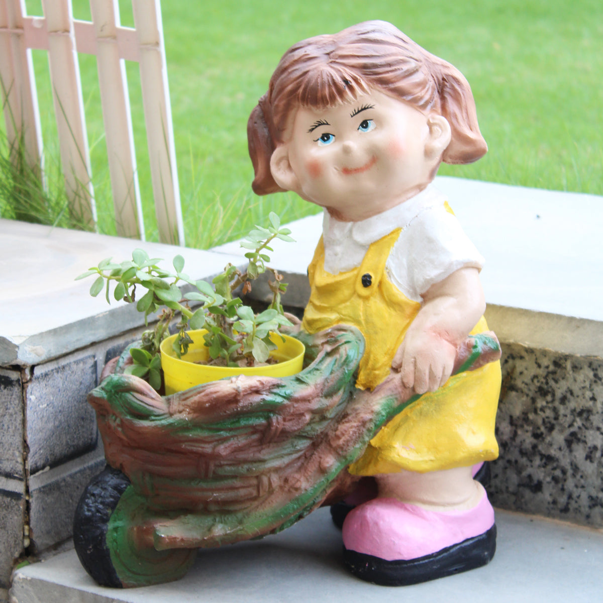 Wonderland Girl Pushing Trolley with Pot for Garden, Balcony or Outdoor Decor (Yellow)