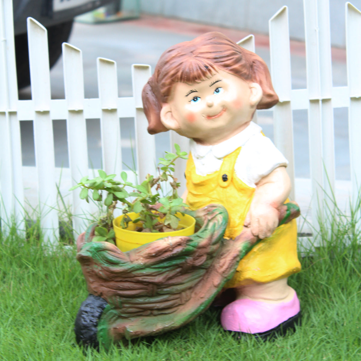 Wonderland Girl Pushing Trolley with Pot for Garden, Balcony or Outdoor Decor (Yellow)