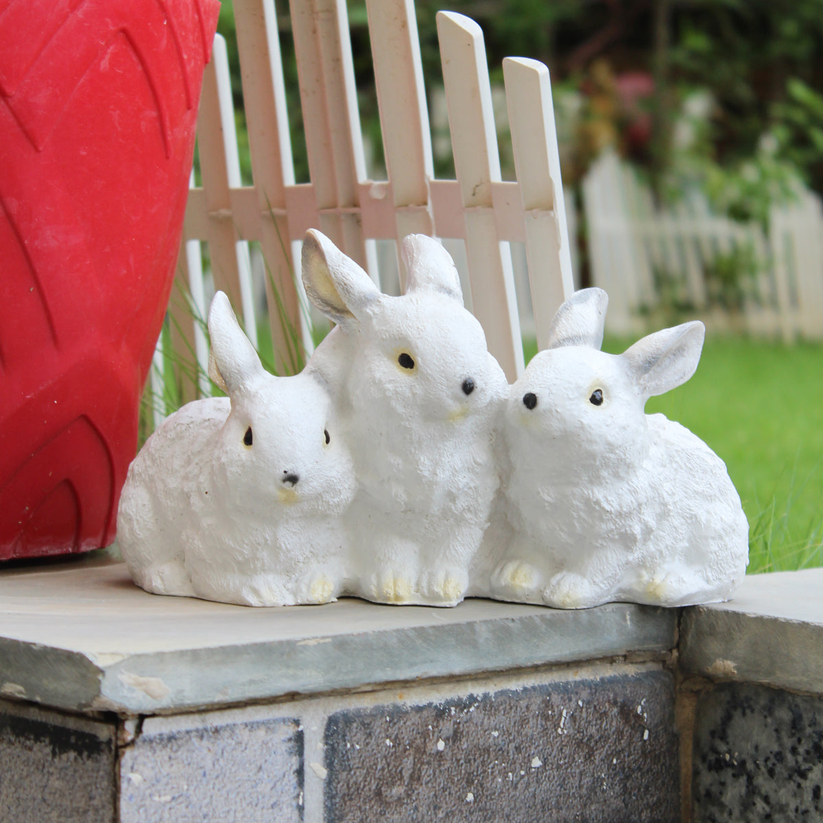 Wonderland Poly Resin Three Joint Rabbits (White) for Garden Decoration, Home Decoration, Lawn Decor, Animal Figures