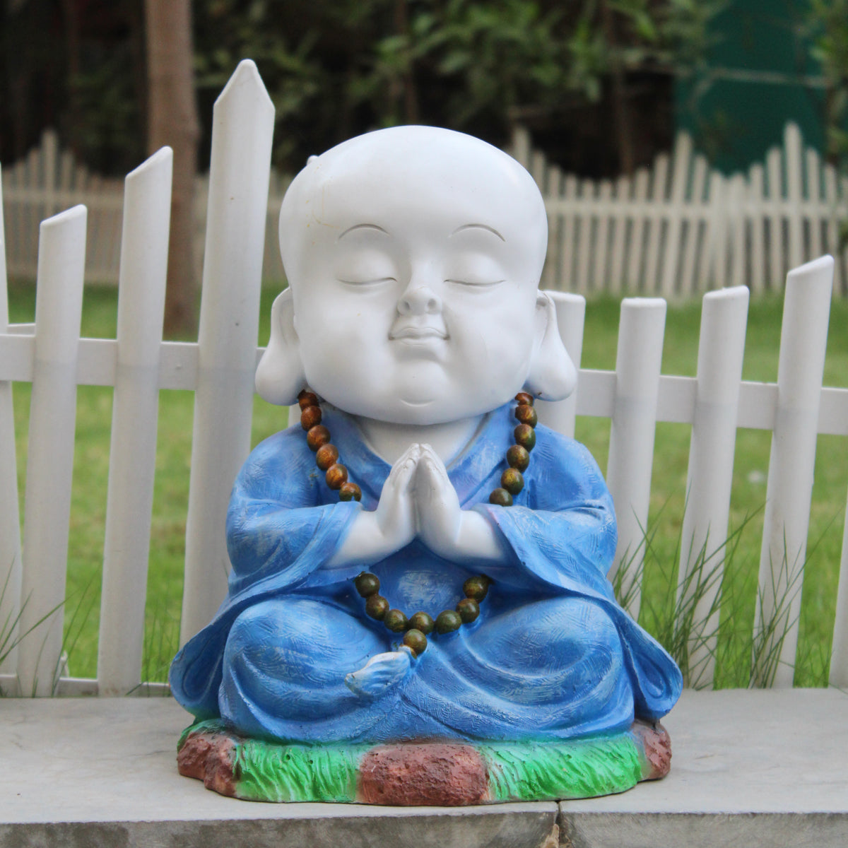 Wonderland SET of 2 : Namaste Baby Monks blue resin, garden statue, home decoration, balcony decor, garden decor