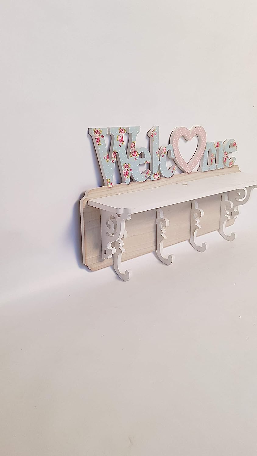 Vintage Floral Wall Hanging Shelf with Key Holder Hooks