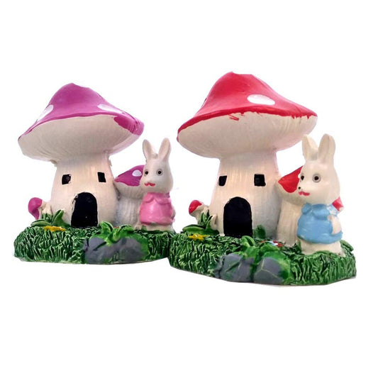 Wonderland SET of 2 Bunny in Mushroom House Miniature Statue | Material Resin | Height 2.7 Inches each | Miniature Garden toys, doll house, DIY craft, bonsia decor, planter decoration