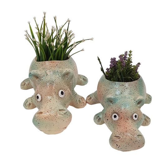 (Set of 2) Hippo Planter Set for Garden Decor